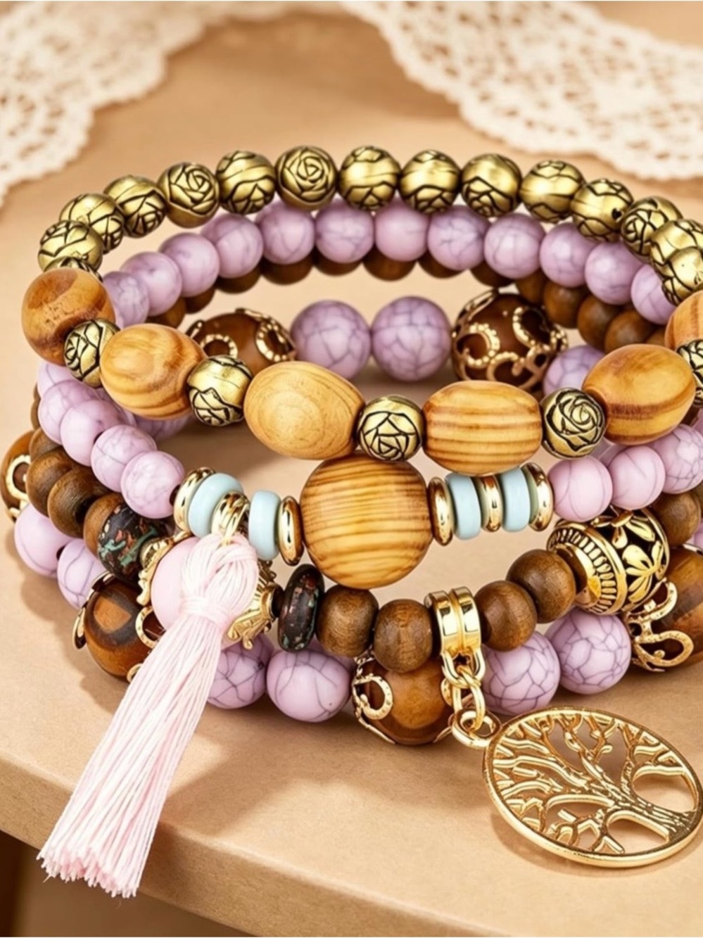 Stacked Pink Beaded and Wood Charm Bracelet Set with Gold Accents